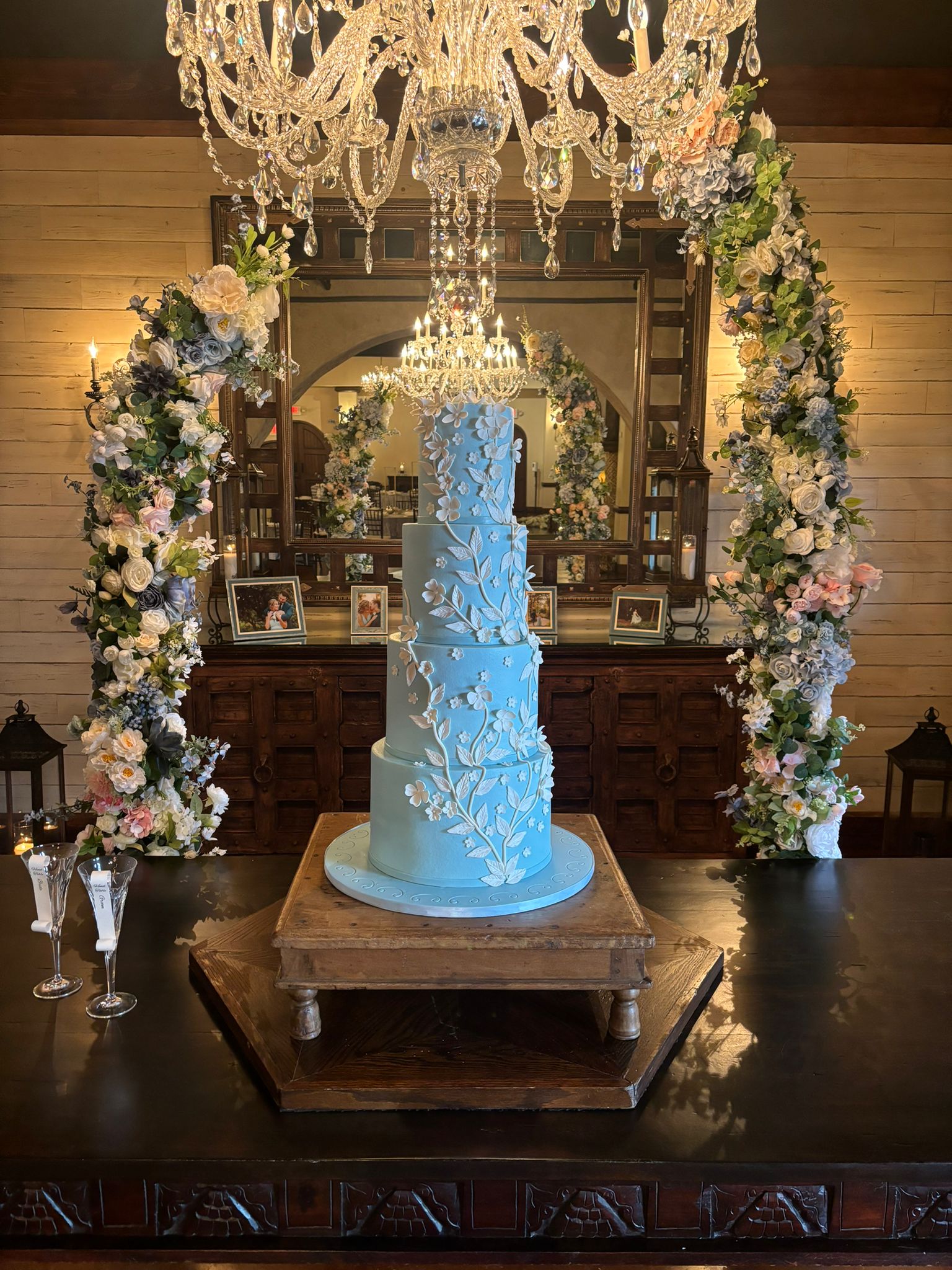 Wedding cake. Dusty Blue Smooth Buttercream. Fondant Details