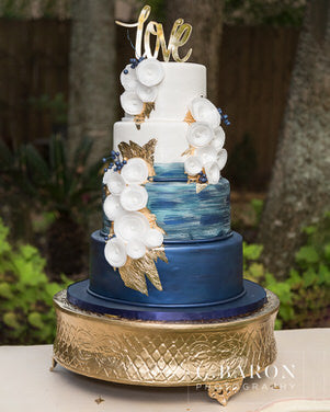 Blue and Gold Wedding Cake. Wafer paper flowers.
