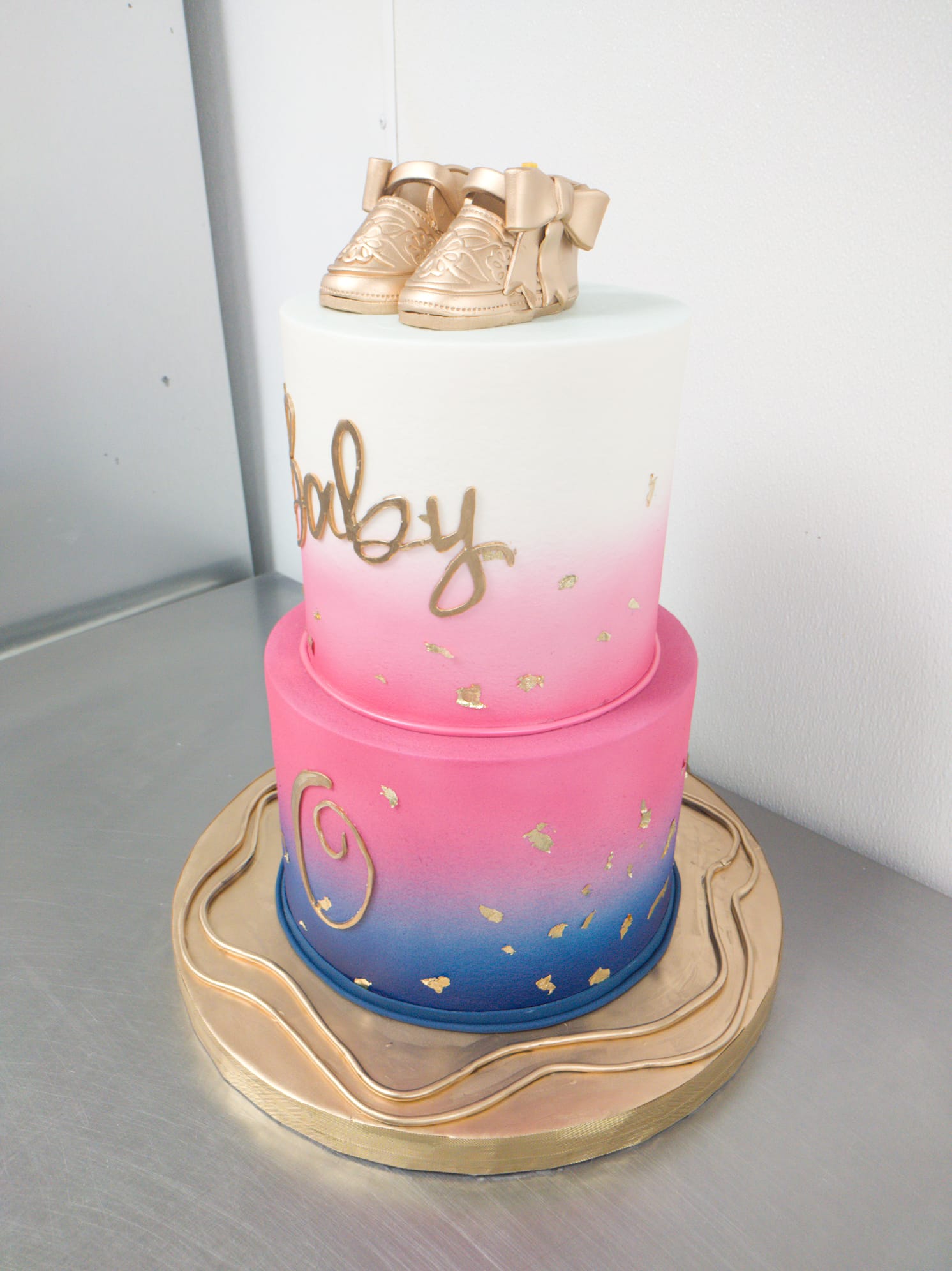 Baby Shower Cake. Golden Shoes