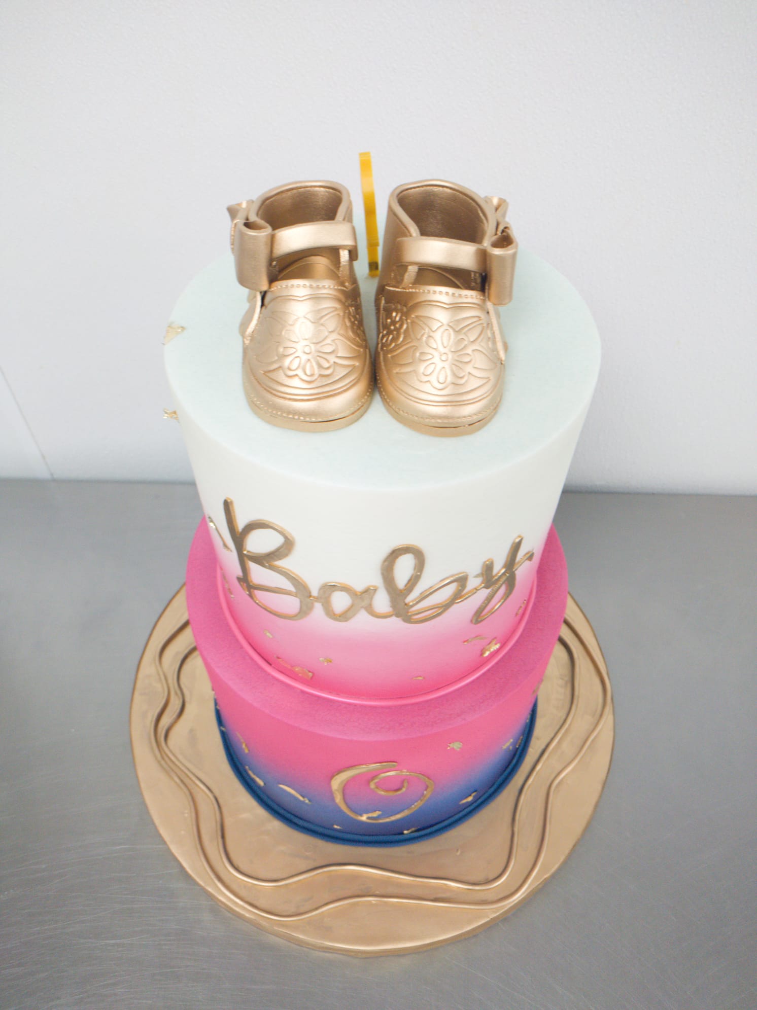 Baby Shower Cake. Golden Shoes