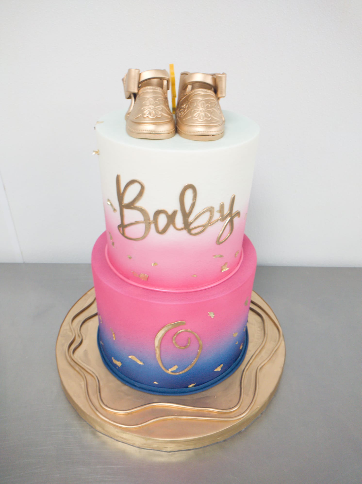 Baby Shower Cake. Golden Shoes