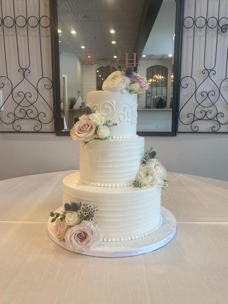 Scroll Cake SCROLLS & HORIZONTAL THREE TIERED WEDDING CAKE